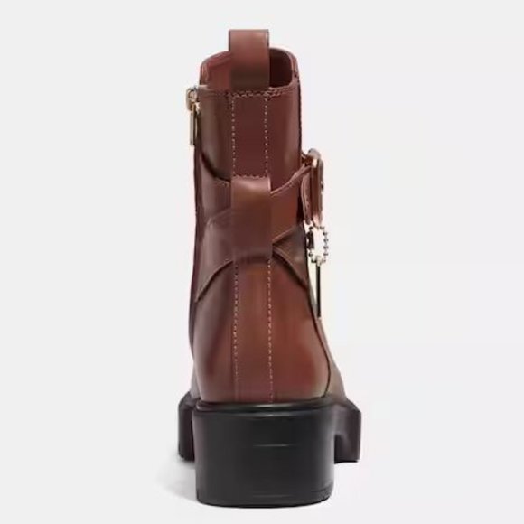 Coach Lacey Dark Saddle Leather Bootie Ankle Short Snow Boots Shoes Flats NEW - Picture 4 of 9